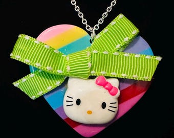 Rainbow Hello Kitty Heart Necklace: Green Bow, Silver Chain (22 inch)