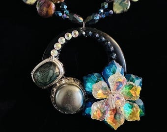Handcrafted Iridescent Shell & Crystal Flower Statement Necklace - 18"