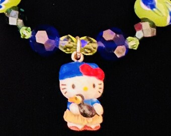 Hello Kitty Stretchy Bracelet: Lampwork Beads, Cobalt Blue & Green