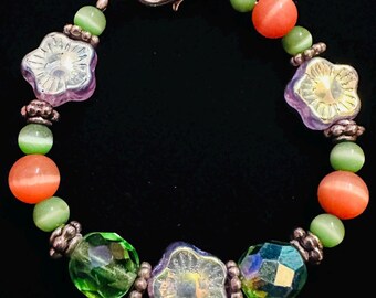 Handmade Beaded Baby Bracelet: Orange, Green, & Purple Flowers, 5"