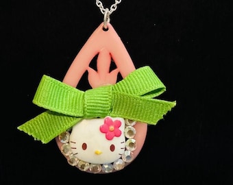 Hello Kitty Necklace: Swarovski Accents, Pink & Green Bow, Silver Chain