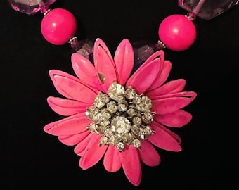 Bold Pink & Purple Statement Necklace with Floral Rhinestone Pendant
