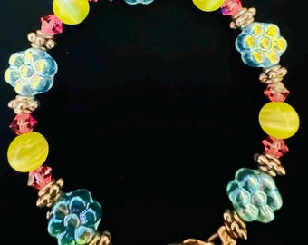 Swarovski Crystal Baby Bracelet: Flower Charm, Pink & Green, 5"