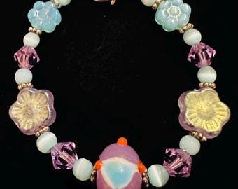 Handmade Swarovski Crystal Baby Bracelet: Purple, Blue, Silver, Flower Beaded - 5 1/2 Inch