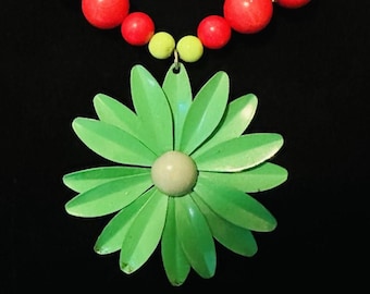Vintage-Inspired Beaded Necklace: Red, Green, and Yellow with Green Flower Pendant