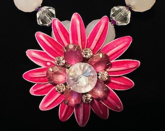 Handmade Vintage Statement Necklace: Magenta Floral Pendant, Rose Quartz Beads