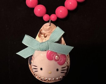 Vintage One of A Kind Turquoise & Pink Beaded Hello Kitty Shell Necklace with Swarovski Accents