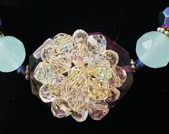 Handmade Aqua & Purple Beaded Bracelet: Silver Centerpiece, 8 Inch