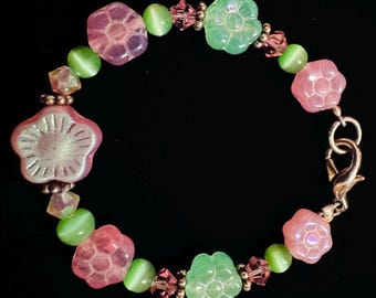 Handmade Baby Bracelet: Pink Swarovski Crystals, Flower Charms (5 1/2")