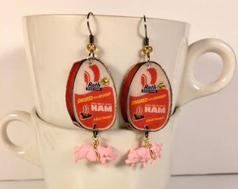 Canned Ham Earrings  Easter Dinner Pink Pigs ham and cheese pork