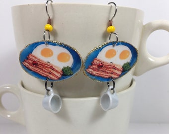 Bacon and Eggs Breakfast Earrings coffee  blue plate special diner breakfast