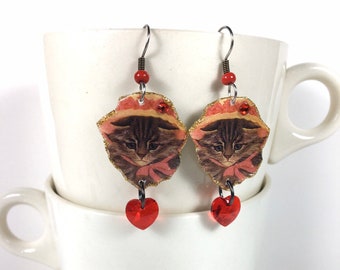 Cat in a Hat Earrings Tiger Cat Mackerel Cat Victorian Cat