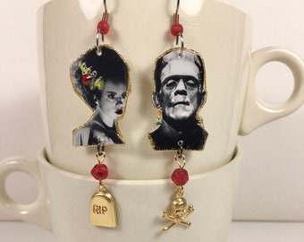Frankenstein and Bride of Frankenstein Earrings Movie Monsters Halloween Kitsch