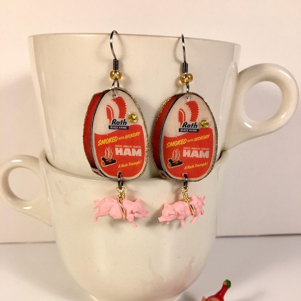 Canned Ham Earrings  Easter Dinner Pink Pigs ham and cheese pork