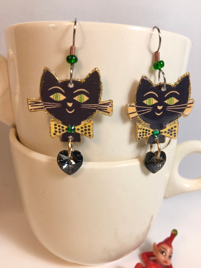 Black Cat Earrings superstition Halloween kitsch image 2