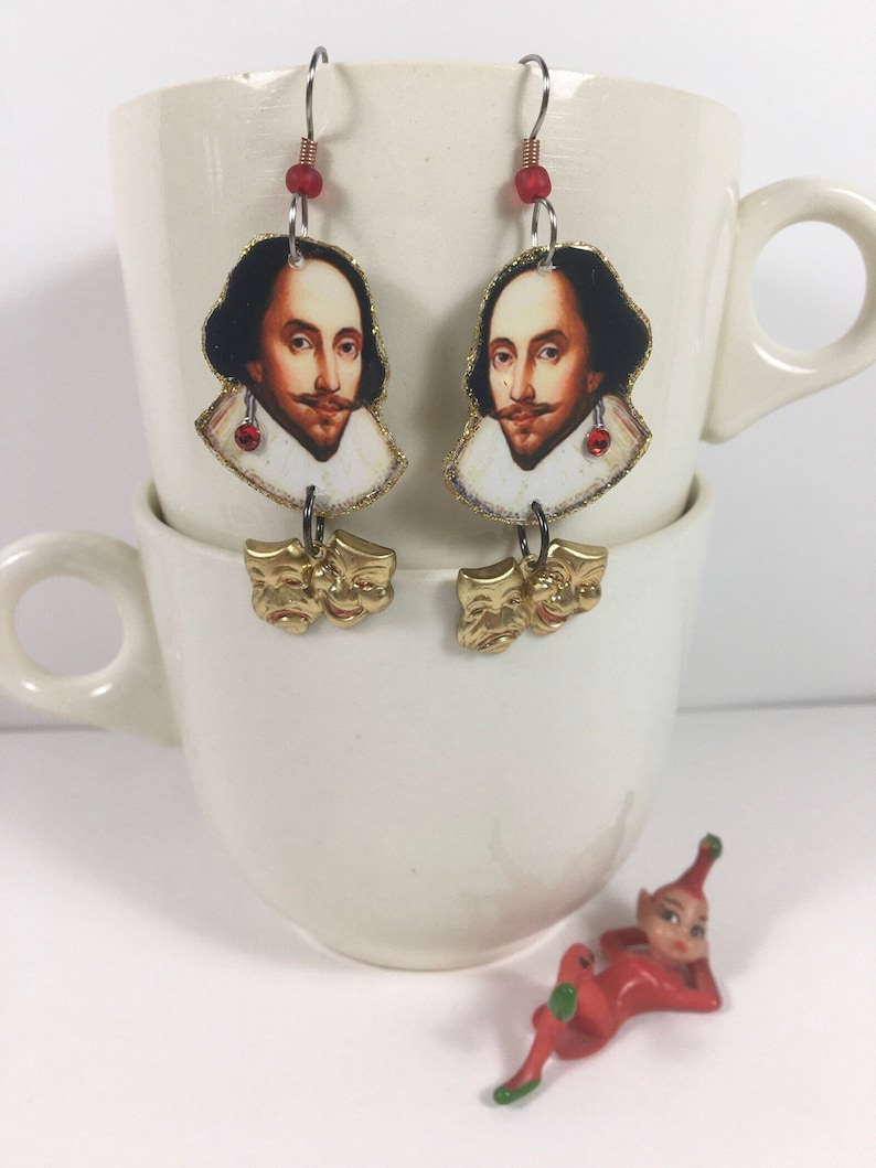 William Shakespeare Earrings poet playwright actor The Bard Hamlet, Othello, King Lear, Macbeth image 1