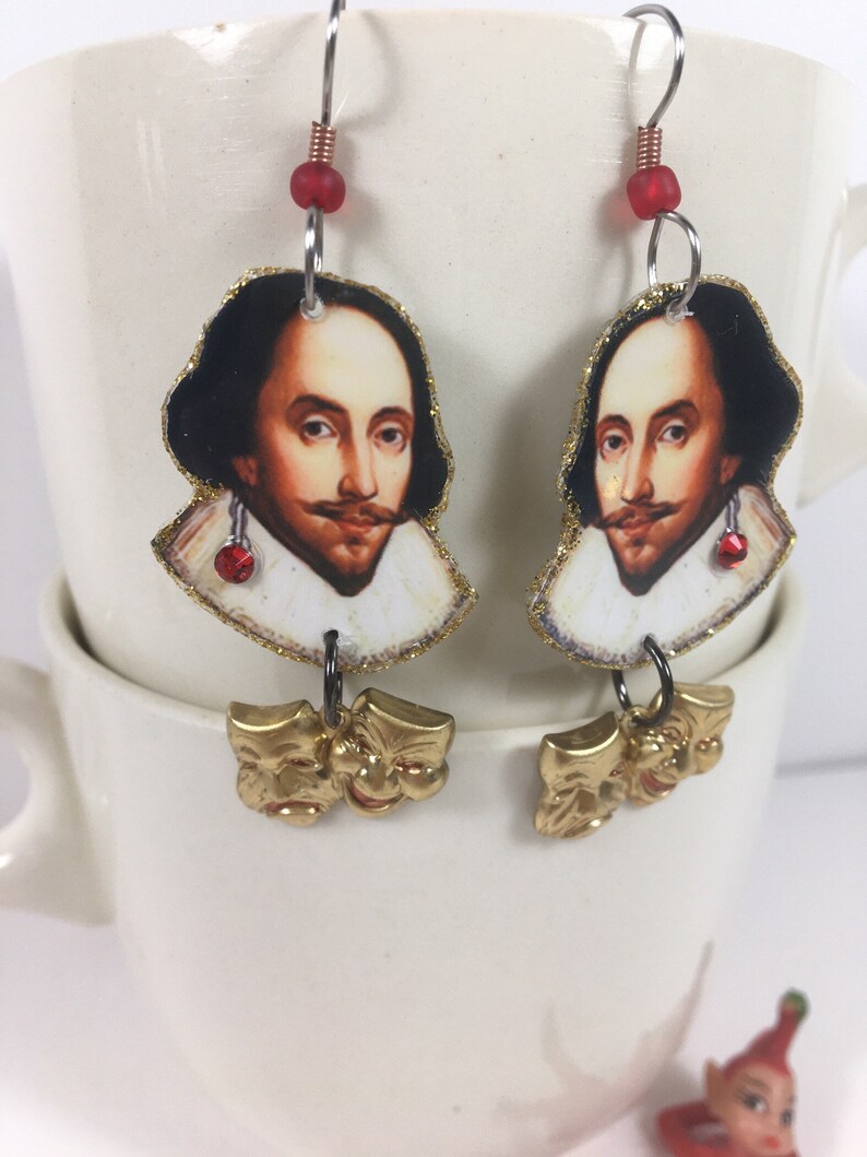 William Shakespeare Earrings poet playwright actor The Bard Hamlet, Othello, King Lear, Macbeth image 3
