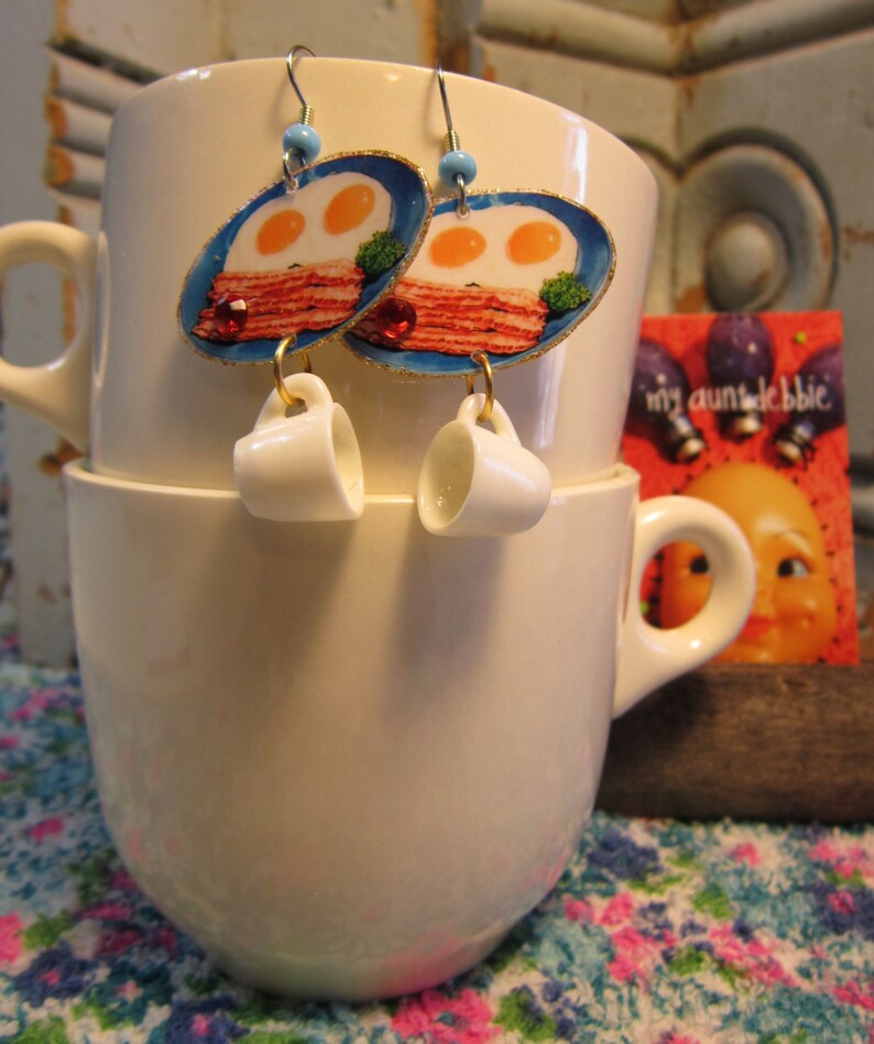 Bacon and Eggs Breakfast Earrings coffee blue plate special Etsy
