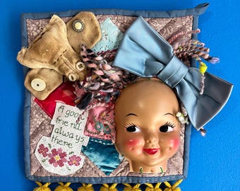Doll Face Fiber Art Collage A Good Friend Always There