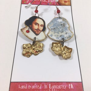 William Shakespeare Earrings poet playwright actor The Bard Hamlet, Othello, King Lear, Macbeth image 4