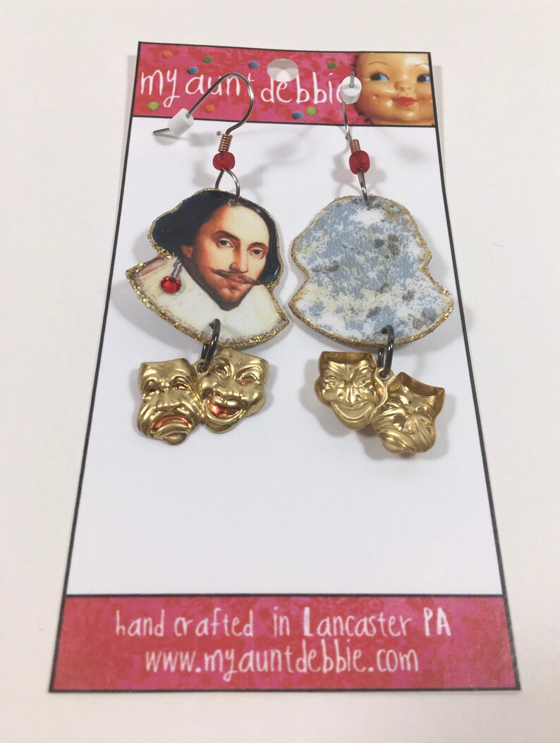 William Shakespeare Earrings poet playwright actor The Bard Hamlet, Othello, King Lear, Macbeth image 4
