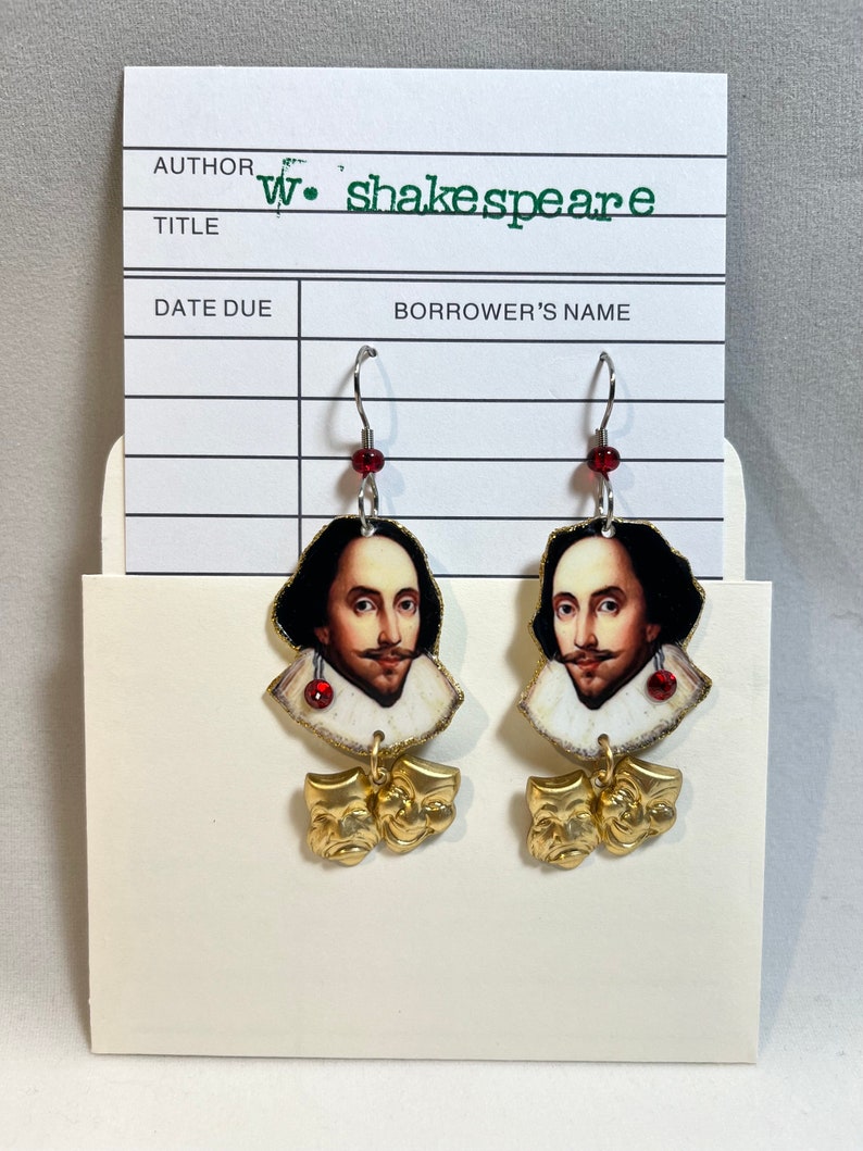 William Shakespeare Earrings poet playwright actor The Bard Hamlet, Othello, King Lear, Macbeth image 2