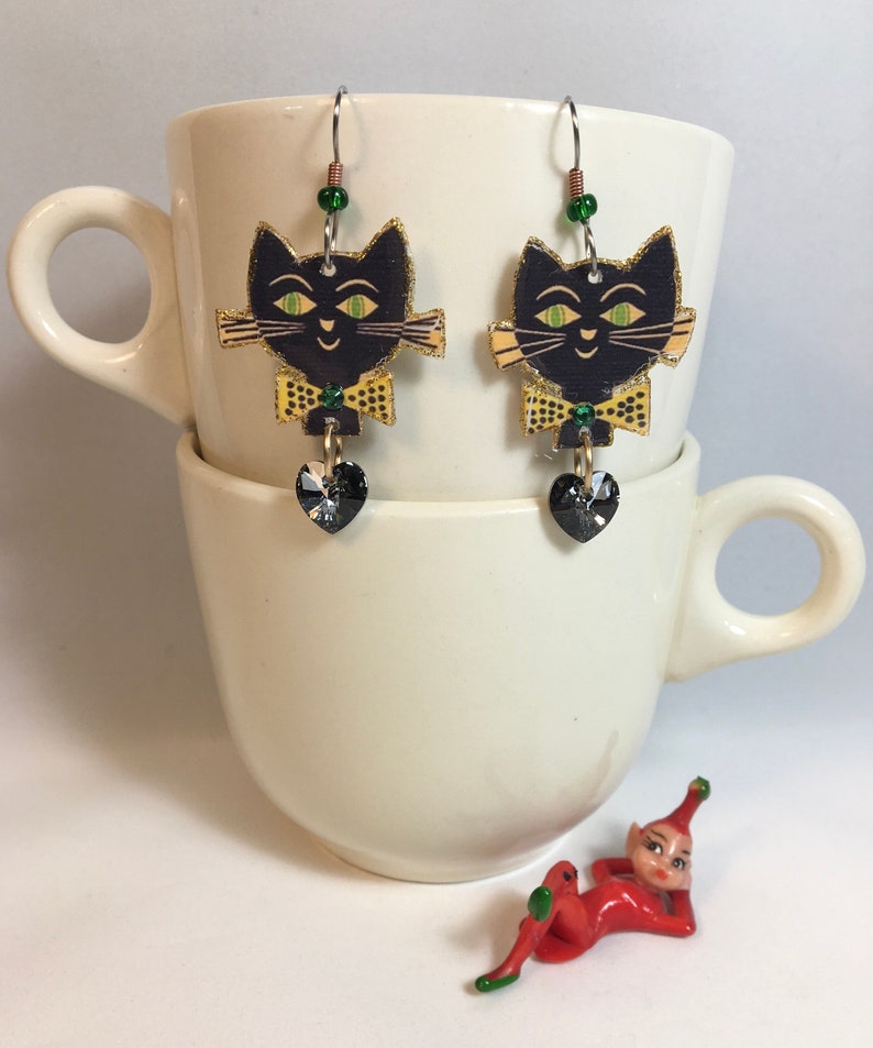 Black Cat Earrings superstition Halloween kitsch image 1