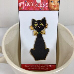 Broche Chat Noir Ruban Doré - Vintage, Neuve Sans Emballage, Hauteur 4,2 Cm