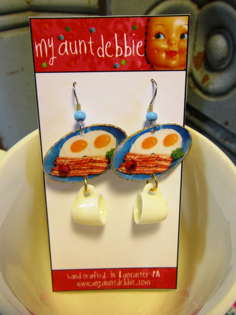 Bacon and Eggs Breakfast Earrings coffee blue plate special Etsy