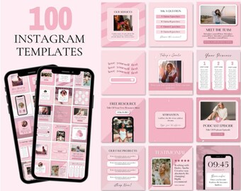 Puede incluir: Una colección de 100 plantillas de Instagram rosas y blancas para marketing en redes sociales. Las plantillas presentan varios diseños con texto, imágenes y gráficos. Las plantillas son ideales para promocionar productos, servicios y eventos.