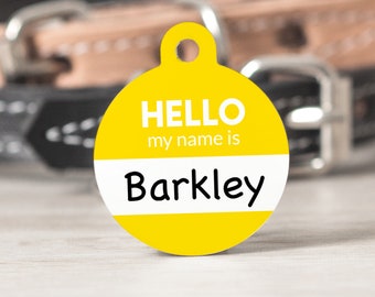 Personalized Yellow and White Hello My Name Is Name Tag Dog ID Tag, Customized Printed Round Pet Identification Tag, 1 Inch Round ID Tag