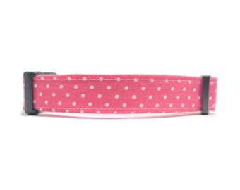 Dog Collar - Pink and White Dots - White Swiss Dots - Polka Dot Dog Collar - Coral Dog Collar - Fabric Dog Collar - Dotted Dog Collar