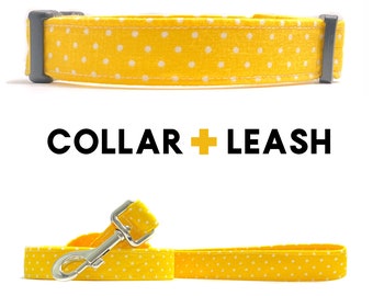 Golden Yellow and White Polka Dot Dog Collar with Matching Leash Set, Wedding Dog Collar and Leash, Pretty Dog Collar and Leash, Pet Collar