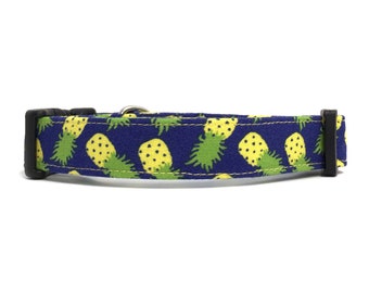 Pineapple Dog Collar, Dark Blue Dog Collar with Pineapples, Navy Blue Fabric Dog Collar with Pineapples, Girl Dog Collar, Boy Dog Collar