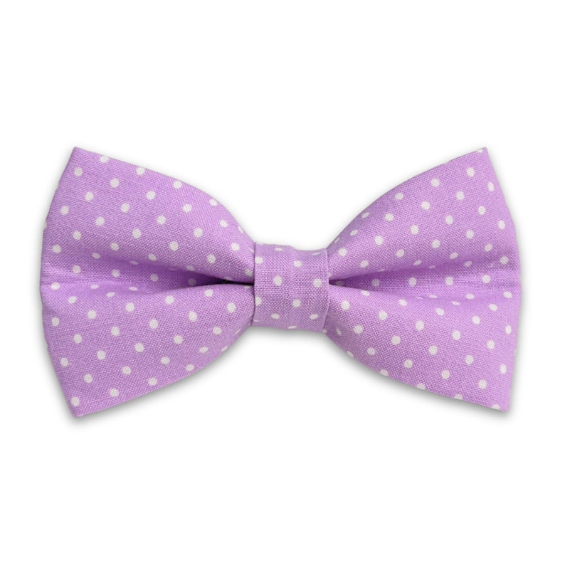 Purple and White Polka Dot Dog Bow Tie, Lavender and White Riley Blake Swiss Dots Dog Bow Tie, Wedding Bow Tie, Bow Tie for Girl or Boy Dog image 1