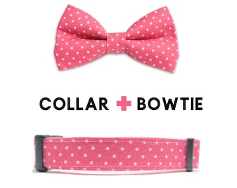 Pink and White Polka Dot Bow Tie Dog Collar, Coral and White Swiss Dot Dog Collar Bow Tie Set, Wedding Dog Collar for Girl or Boy Dog