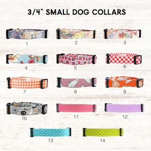May include: A collection of fourteen 3/4-inch small dog collars with various patterns and colors. Designs include floral, gingham, polka dots, and Halloween-themed prints. Each collar has a black buckle and adjustable strap.