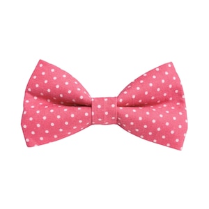 May include: A pink bow tie with a white polka dot pattern. The bow tie is made of fabric and is tied in a classic bow shape. The bow tie is a solid pink color with evenly spaced white polka dots.