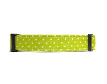 Dog Collar - Green and White Dots - White Swiss Dots - Polka Dot Dog Collar - Lime Green Dog Collar - Fabric Dog Collar - Dotted Dog Collar