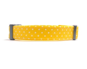 Dog Collar - Yellow and White Dots - White Swiss Dots - Polka Dot Dog Collar - Gold Dog Collar - Fabric Dog Collar - Dotted Dog Collar