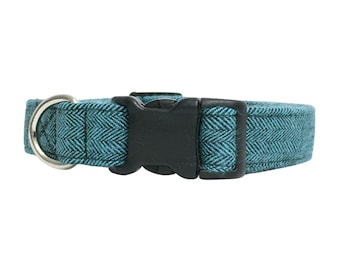 Dog Collar - Teal Blue and Black Flannel Tweed Herringbone