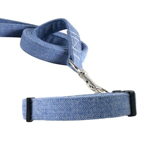 Light Denim Blue Herringbone Flannel Tweed Fabric Dog Collar and Leash Set, Adjustable Wedding Dog Collar and Matching Leash, Boy Dog Collar