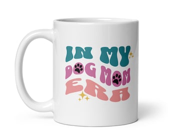 Groovy In My Dog Mom Era Coffee Mug with Paw Prints and Stars, 11 oz Dog Lover Gift Coffee Cup
