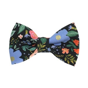 Black Coral Pink and Blue Floral Dog Bow Tie - Rifle Paper Co. Primavera Wild Rose Black - Dog Collar Bow Tie - Wedding Bow Tie - Summer