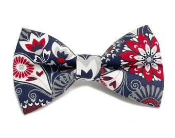 Red White Blue and Gray Floral Medallion Dog Bow Tie - Summer Dog Bow Tie - Boy Dog Bow Tie - Girl Dog Bow Tie - Flower Dog Bow Tie