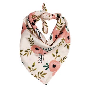 Blush Watercolor Floral Tie on Dog Bandana - Pink Flowers and Leaves on Blush Pink Square Dog Bandana - Dog Bandana for Girl Dog