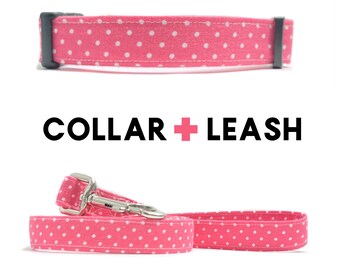 Pink and White Polka Dot Dog Collar with Matching Leash Set, Wedding Dog Collar and Leash, Pretty Dog Collar and Leash, Pet Collar