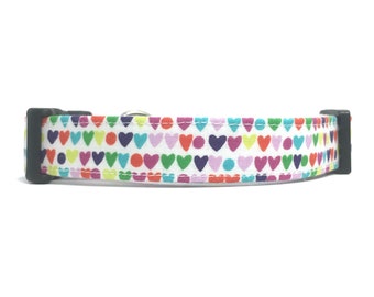 Colorful Valentine's Day Hearts Fabric Dog Collar, Tiny Rainbow Heart Dog Collar, Dog Collar for Girl Dog or Boy Dog, Holiday Dog Collar