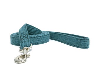 Dog Leash - Teal Blue and Black Flannel Tweed Herringbone