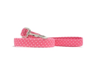 Pink and White Polka Dot Dog Leash, Riley Blake Swiss Dots Fabric Dog Lead, Coral and White Dog Leash, 4 Foot, 5 Foot, 6 Foot Dog Leash